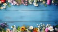 Top view image of sunflowers over blue wooden background. flowers over vintage painted blue wooden table. Backdrop with copy space Royalty Free Stock Photo