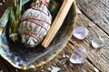 Healing Sage Smudge Bundles and Clear Crystals Royalty Free Stock Photo