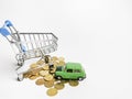 Top view image trolley with coins and car miniature.
