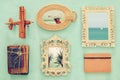 top view image of vintage frames, old books and airplane toy Royalty Free Stock Photo