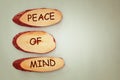 Top view image of wooden signs with the text peace of mind