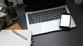 Top view image of working desk with accessories putting on it. Royalty Free Stock Photo