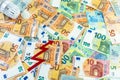 Top view of increasing red arrow on Euro banknote money, energy winter crisis Royalty Free Stock Photo