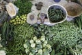 a top view of indian vegetables selling in market, green vegetables, fresh vegetables, Lemons, ladies finger, peas, pumpkins, egg