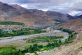 Top view of Indus river and Kargil City, Leh, Ladakh, Jammu, Kashmir, India Royalty Free Stock Photo