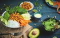 Vegan food, fried chickpeas, rice noodles with wegetables