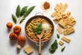 Top view of ingredients for cooking pasta on white background with copy space