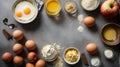 Top view of ingredients flour, butter, eggs, products for baking cake, tart,