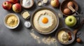 Top view of ingredients flour, butter, eggs, products for baking cake, tart,