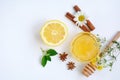 Top view of the ingredients for medicinal herbal tea - chamomile, honey, mint, lemon, herbs on a white background. Flat Royalty Free Stock Photo