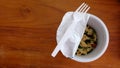 Top view of cup noodle with fork Royalty Free Stock Photo