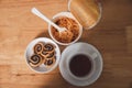 Top view of Instant noodles, cookies and tea on desk. Tea time, Break time Royalty Free Stock Photo