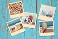 Top view of instant photos album on wooden background Royalty Free Stock Photo