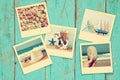 Top view of instant photos album on wooden background Royalty Free Stock Photo