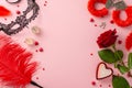 Top view intimate essentials lace mask, dice game, furry handcuffs, feather tickler, red rose, candle on pink backdrop