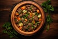 Top View, Irish Stew On A Wooden Boardon White Background