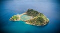Top view of Islet of Vila Franca do Campo is formed by the crater of an old underwater volcano near San Miguel island, Azores, Royalty Free Stock Photo