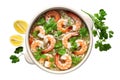 Top view of isolated bowl with shrimp soup and parsley