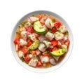 Top view of isolated deep plate of ceviche on a cutout PNG transparent background and white background. Generative AI