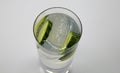 Top view on isolated glass with sparkling tonic water, cucumber slices, gin and ice cubes, white gray background