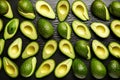 Top view of isolated halves of avocadoes. Generative AI Royalty Free Stock Photo