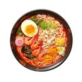 Top view of an isolated and ornate dark japanese bowl floral motifs with ramen food on cutout PNG transparent background