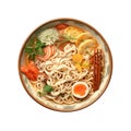 Top view of an isolated and ornate japanese bowl with ramen food on cutout PNG transparent background