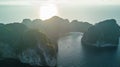 Top view of isolated rocky tropical island with turquoise water and white beach. Aerial view of Phi-Phi Leh island with Maya Bay Royalty Free Stock Photo