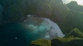 Top view of isolated rocky tropical island with turquoise water and white beach. Aerial view of Phi-Phi Leh island with Maya Bay Royalty Free Stock Photo