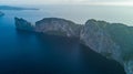 Top view of isolated rocky tropical island with turquoise water and white beach. Aerial view of Phi-Phi Leh island with Maya Bay Royalty Free Stock Photo