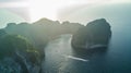 Top view of isolated rocky tropical island with turquoise water and white beach. Aerial view of Phi-Phi Leh island with Maya Bay Royalty Free Stock Photo