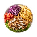 Top view isolated traditional Turkish chicken kebab prepared with lovely fries, fresh vegetables and yummy dressing