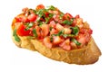 top view of Italian bruschetta with toasted bread topped with diced tomatoes, garlic, basil, and olive oil.