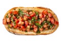 top view of Italian bruschetta with toasted bread topped with diced tomatoes, garlic, basil, and olive oil.