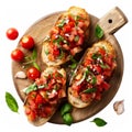 top view of Italian bruschetta with toasted bread topped with diced tomatoes, garlic, basil, and olive oil.