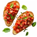 top view of Italian bruschetta with toasted bread topped with diced tomatoes, garlic, basil, and olive oil.