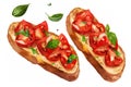 top view of Italian bruschetta with toasted bread topped with diced tomatoes, garlic, basil, and olive oil.