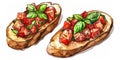 top view of Italian bruschetta with toasted bread topped with diced tomatoes, garlic, basil, and olive oil.