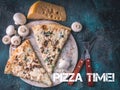 Top view italian pizza with mushrooms and cheese on a round board. Fork, knife and napkin. Pizza time concept Royalty Free Stock Photo