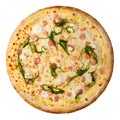 Top view on italian seafood pizza with shrimps, wakame and cheese Royalty Free Stock Photo