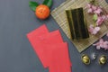 Top view of items for Chinese Happy New Year concept background. Royalty Free Stock Photo