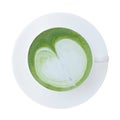 Top view of Japanese matcha green tea latte cup with saucer isolated on white background, clipping path included. Royalty Free Stock Photo