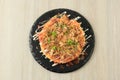 Top View Japanese Savory Egg Pancake Okonomiyaki