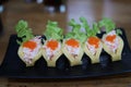 Top view Japanese set meal, sushi, rice balls, face of fresh fish that are delicious to eat on the table in the restaurant. Royalty Free Stock Photo