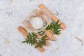 Top view of Japanese Yuzu Sorbet served one scoop on glass bowl on wooden saucer on washi Japanese paper Royalty Free Stock Photo