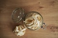 Top view of jar full of tagliatelle on the kitchen counter Royalty Free Stock Photo