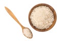 Top view of Jasmine Rice in wooden bowl and in wooden spoon Royalty Free Stock Photo