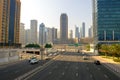 Top view of JLT road looking on Dubai Marina. Traffic on highway.