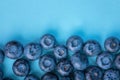 Top view of juicy blueberries on a bright blue background. Fresh, raw and ripe blueberries full of vitamins. Summer fruits, close- Royalty Free Stock Photo