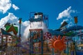 Top view of Kata`s Kookaburra Cove with water splashing from a giant bucket at Aquatica water park 1